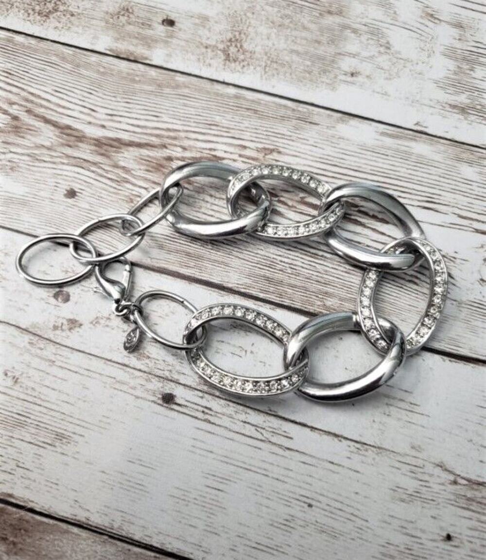 Vintage Bracelet / Bangle Chain Link Silver Tone with Clear Gem